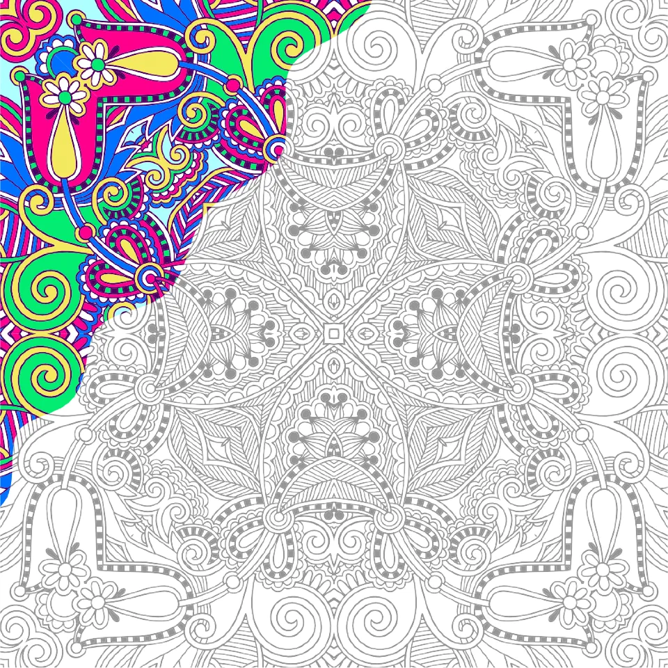 A detailed colouring book page, one corner filled in with colour