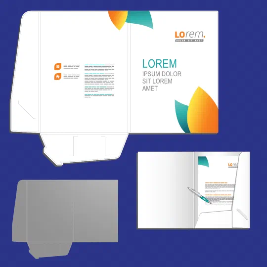 A presentation folder die-line beside the finished folder holding printed inserts