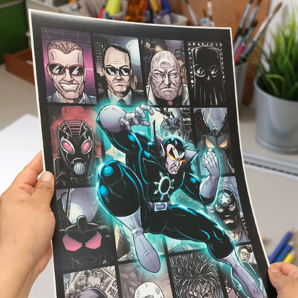 A comic art print held at a desk, a costumed figure over a grid of character panels