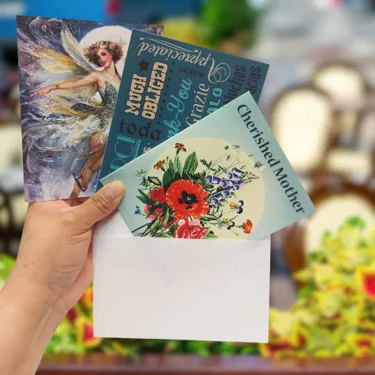 Three printed greeting cards fanned out of a white envelope