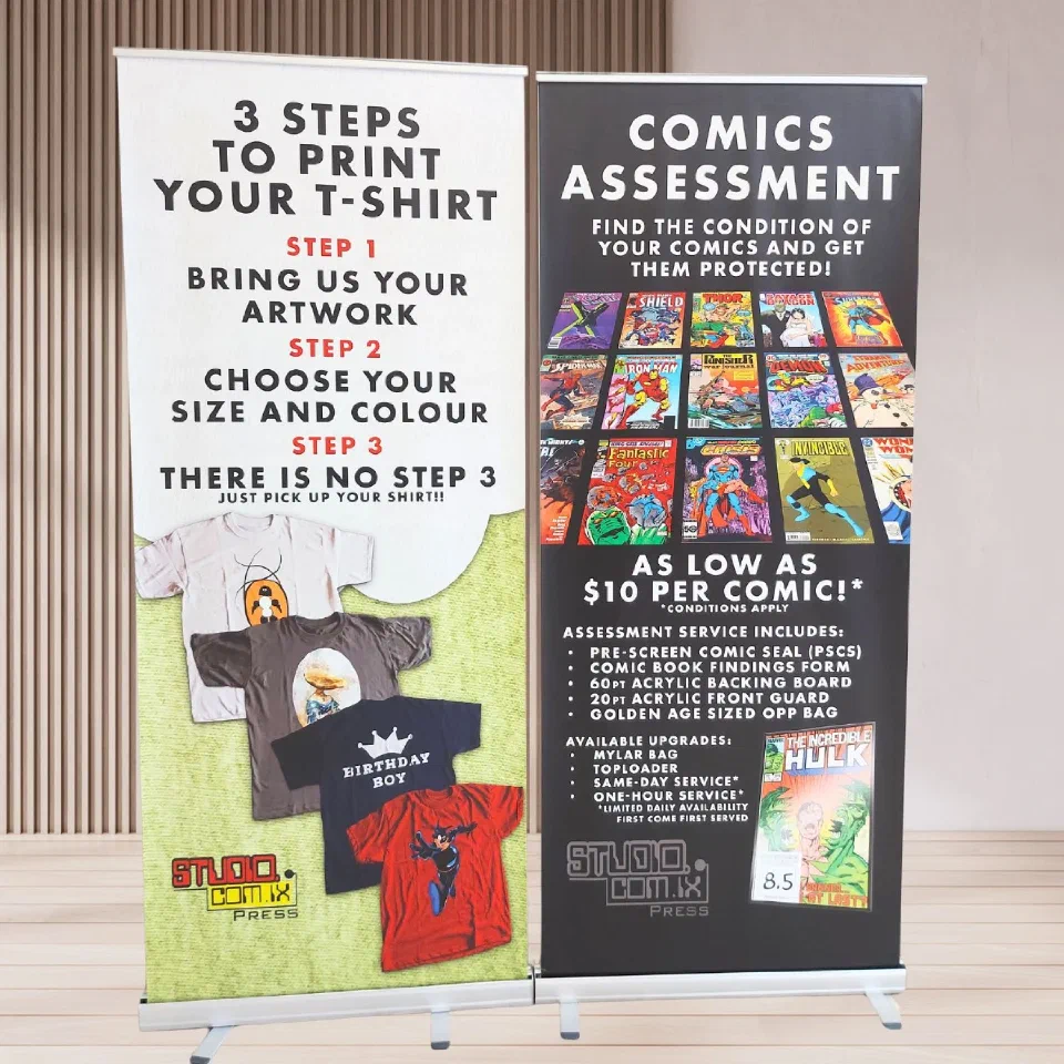 Two retractable banner stands printed for Studiocomix Press
